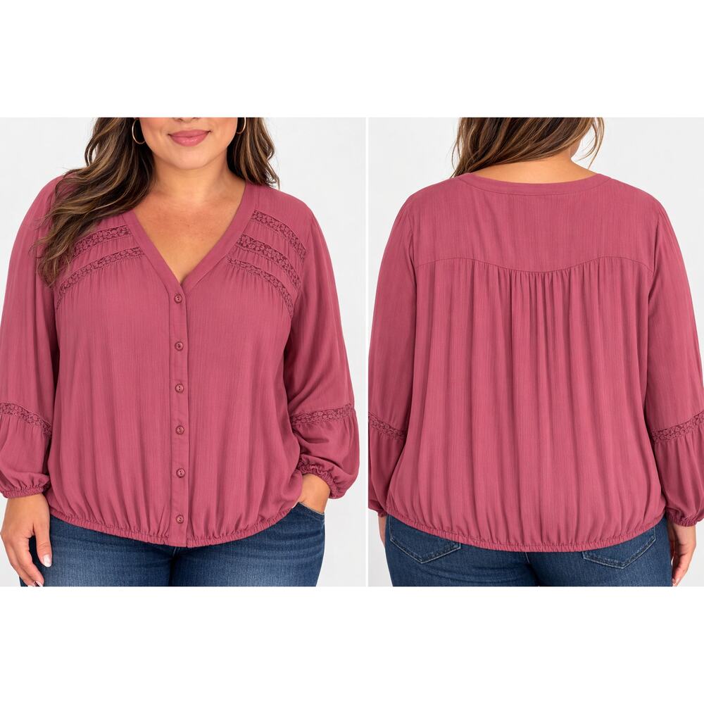 Lane Bryant 26/28 Mauve Lace Blouse NWT Button Front Rayon Top